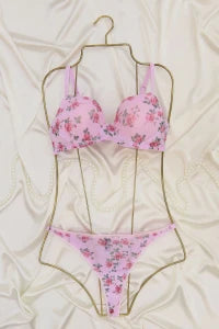 Pink Floral Tulle Bra Set - Padded Underwire Lingerie