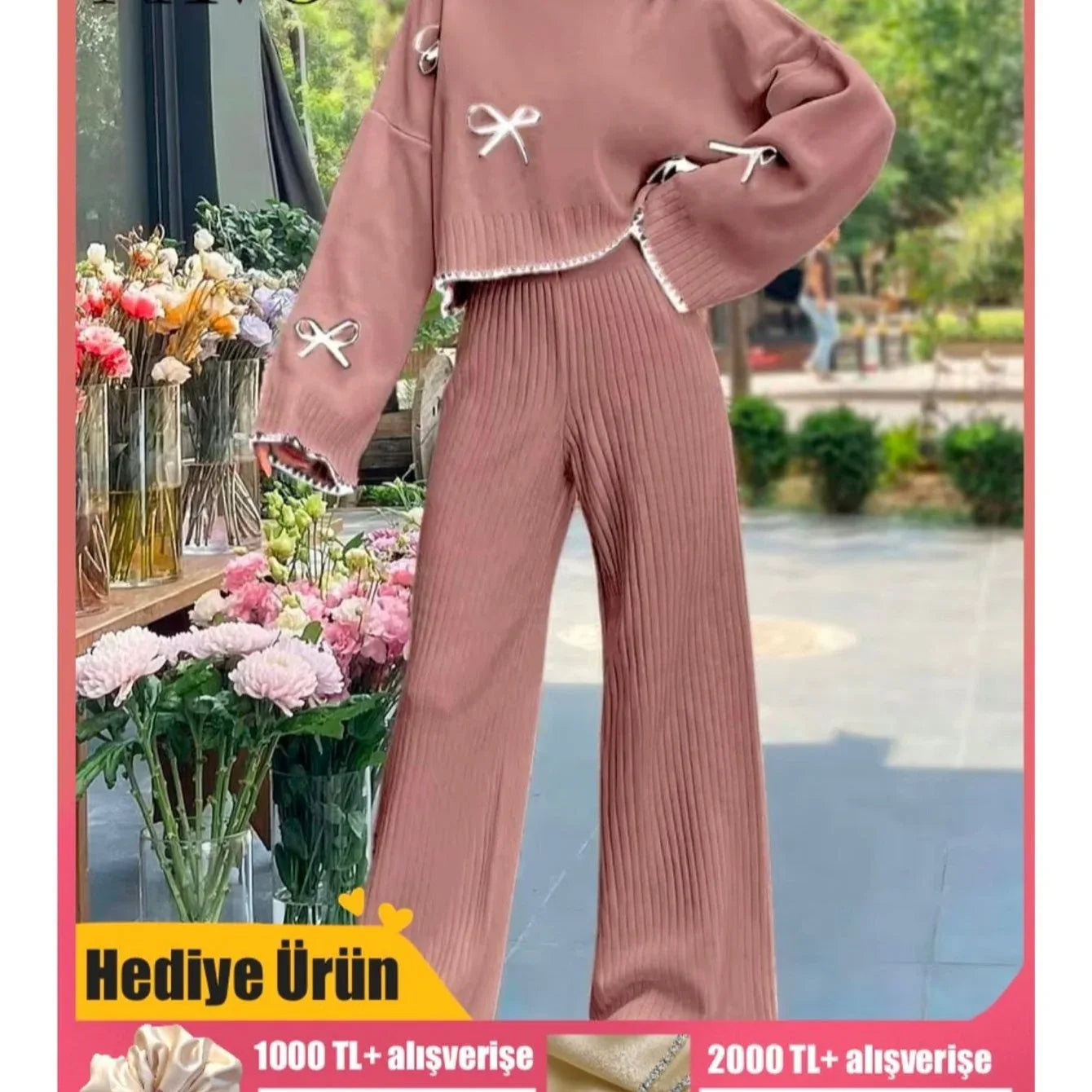 A 2pcs Women'S Set Consisting of a Simple Triko Top with Long Sleeves, Round Collar, And Filigree Decoration, And Pants. - alotasawkli