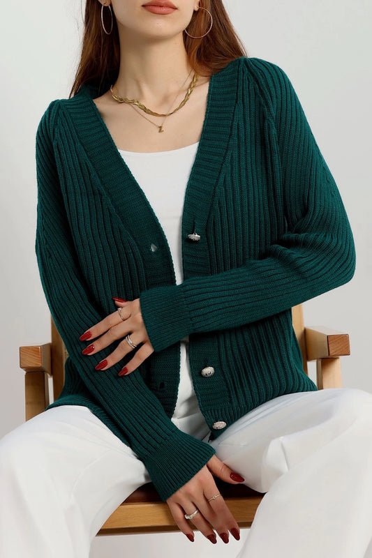 Women’s Button-Down Knitwear Cardigan – Petrol Green (Nefti)