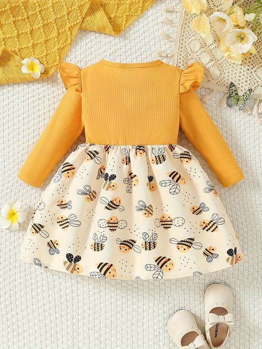 Children's Autumn Print Round Neck Cute Bee Bow Knee-Length Fashion Comfortable Dress - alotasawkli