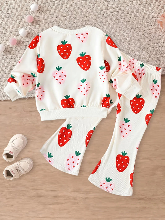 for Autumn and Winter - Girls 0-3 Years - New Strawberry Print Two Piece Set, with Red Strawberries, Green Leaves, and Pink Hearts, Soft Beige-Friendly Material, Boneless Sewing Craft, Baby Warm Outerwear, Winter Daily Wear, Cute Children's Clothing - alotasawkli