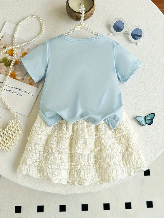 2pcs Summer Girls' Short Sleeve Round Neck Bow Top + Skirt Set with Embossed Butterfly Design, Casual and Cute for Outdoor Wear, Perfect for Outdoor - alotasawkli