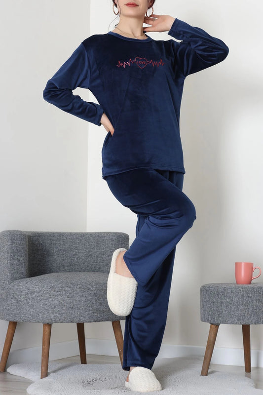 Navy Blue French Velvet Printed Lounge Set