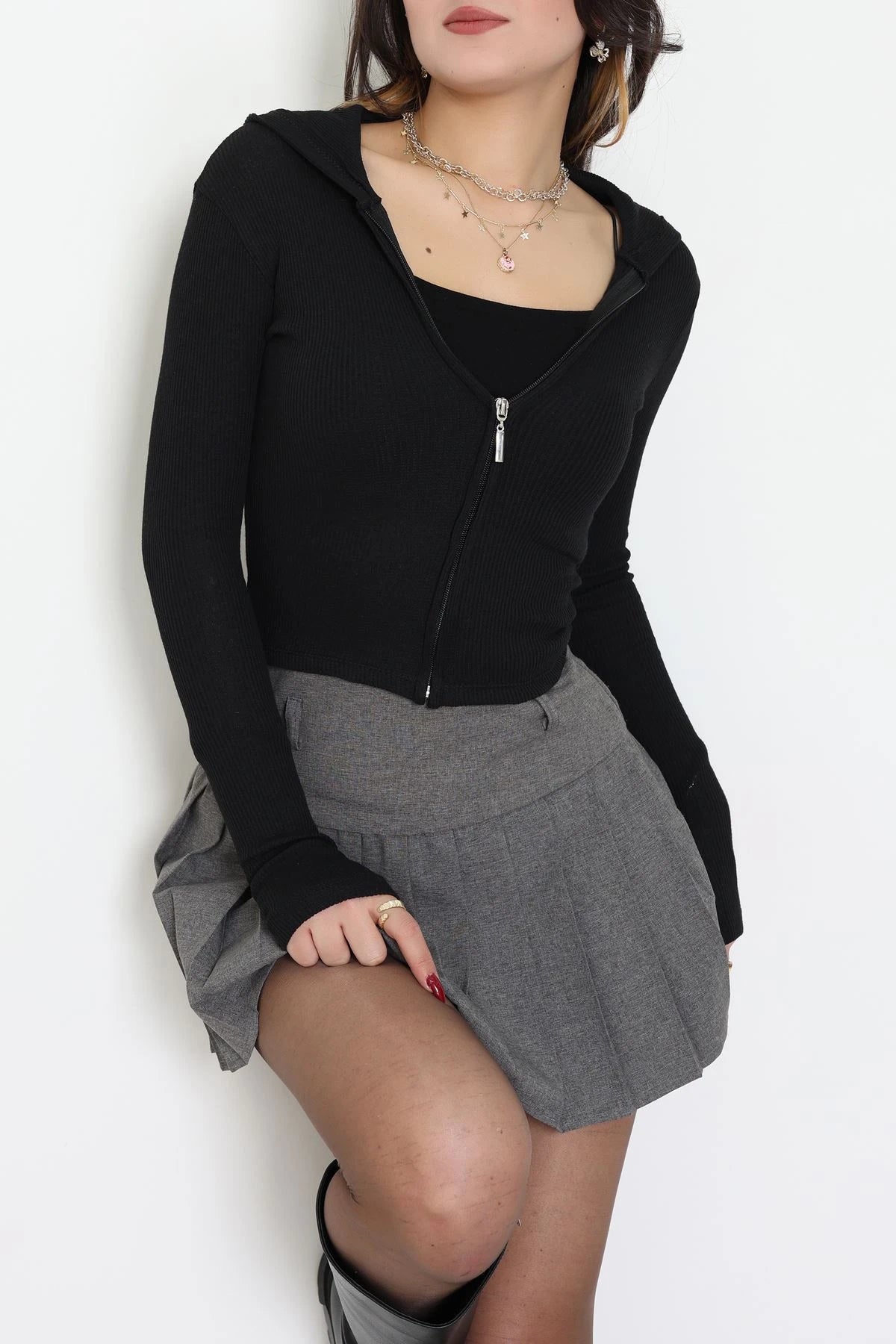 Navy Blue Hooded Ribbed Bodysuit with Thumbholes