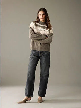 Brown Half Turtleneck Patterned Women's Knit Sweater