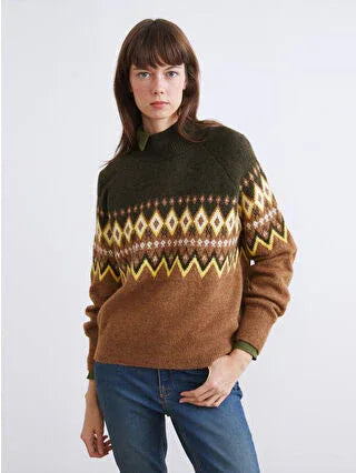 Brown Half Turtleneck Patterned Women's Knit Sweater