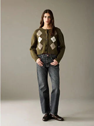 Green Baklava Pattern Women's Knitted Cardigan