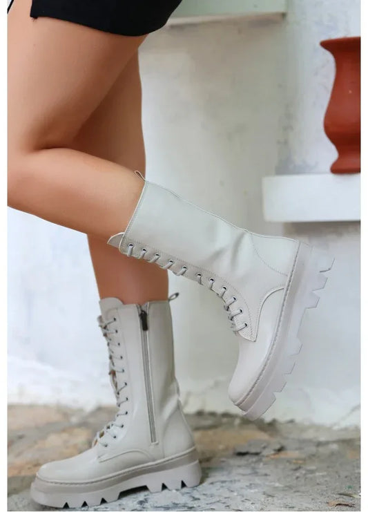 Toir Beige Leather Lace-up Boots - alotasawkli