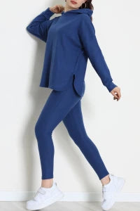 Stone-Colored Hooded Textured Interlock Two-Piece Set