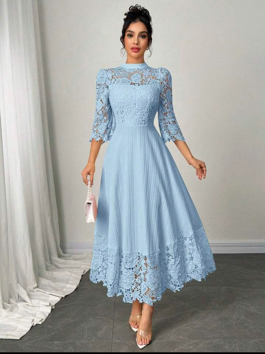 Modelyn Yellow Eyelet Embroidery Patchwork Maxi Long Sleeve Dress For Women