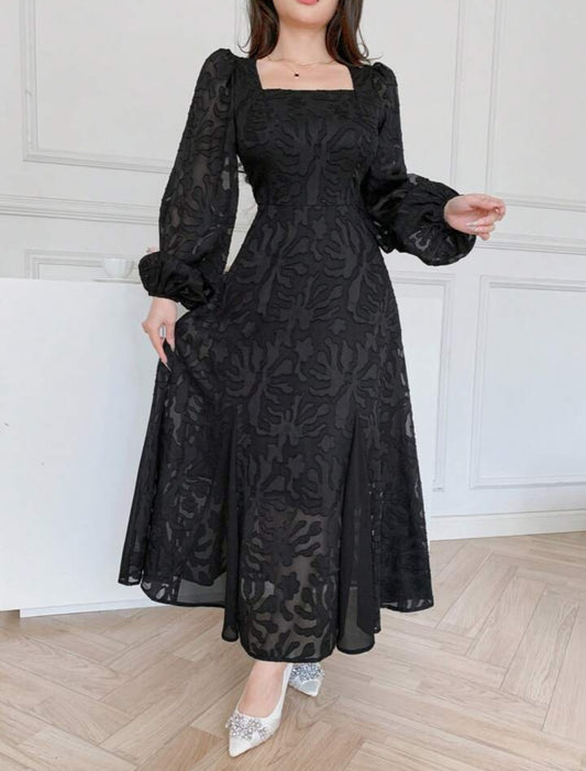 Feyla Women's Square Neck Long Sleeve Simple Elegant Dress With Graphic Detail