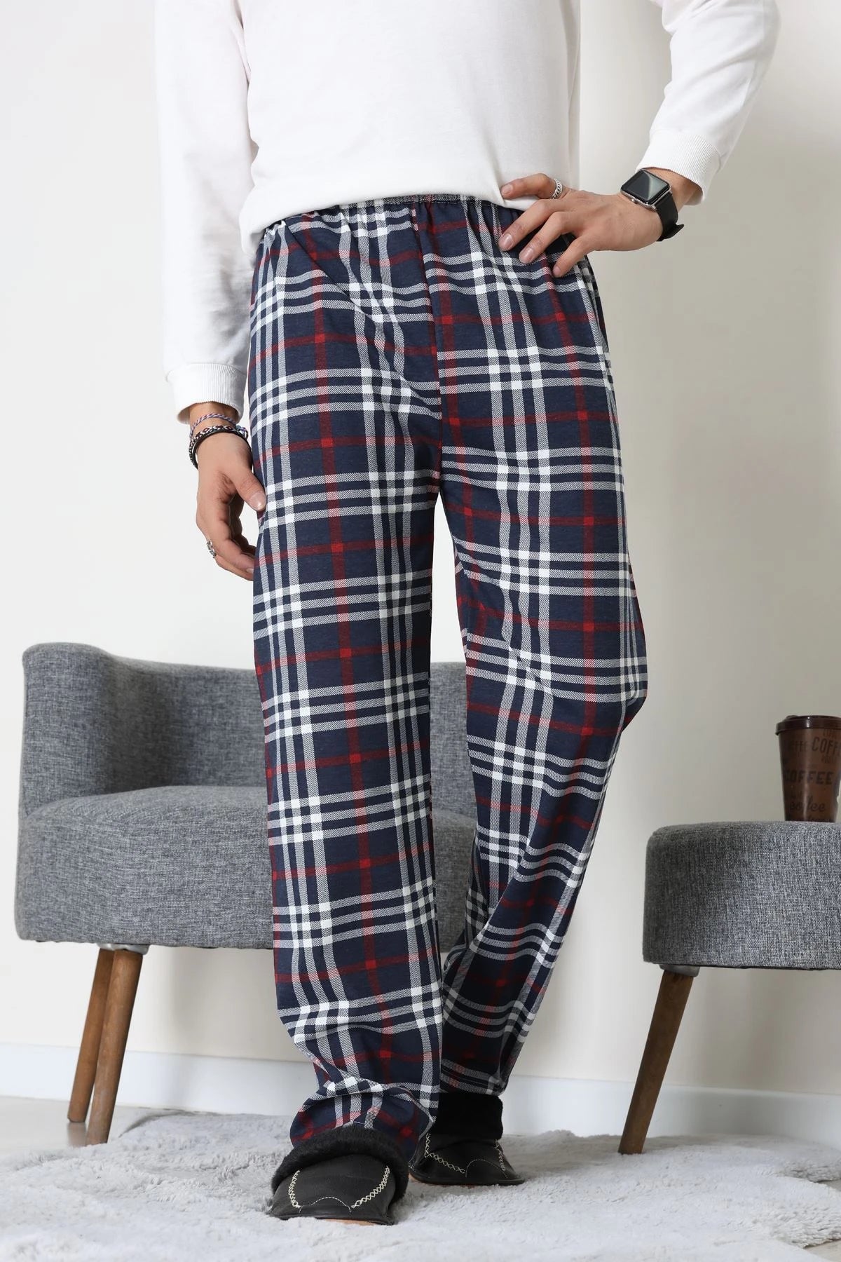 Men's Navy & Grey Plaid Jersey Pajama Bottoms