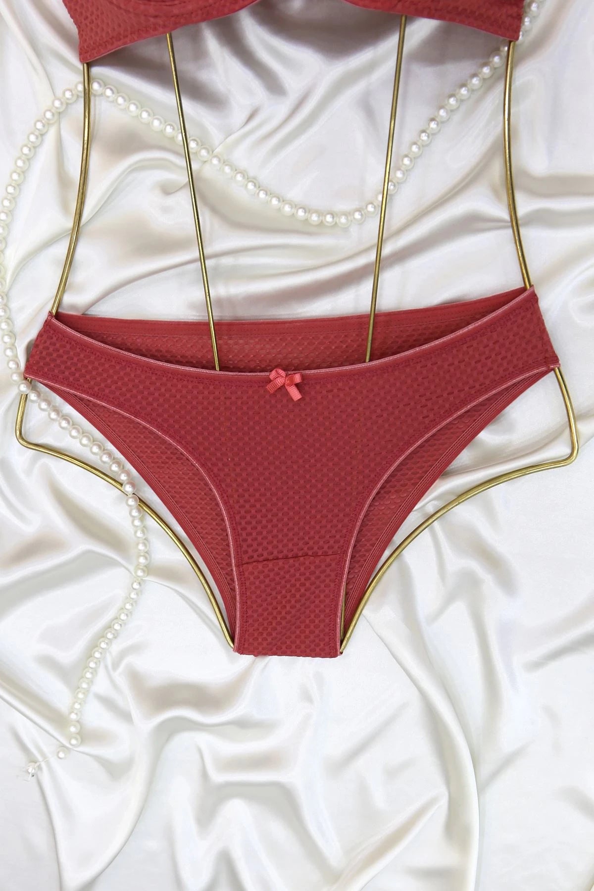 Terracotta Honeycomb Mesh Lingerie Set - Sheer Panel Underwire Bra & Panty