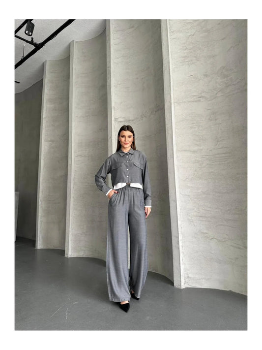 مجموعة قميص كروب واسع الأرجل للنساء من VOLT CLOTHING مع تفاصيل جيب - alotasawkli