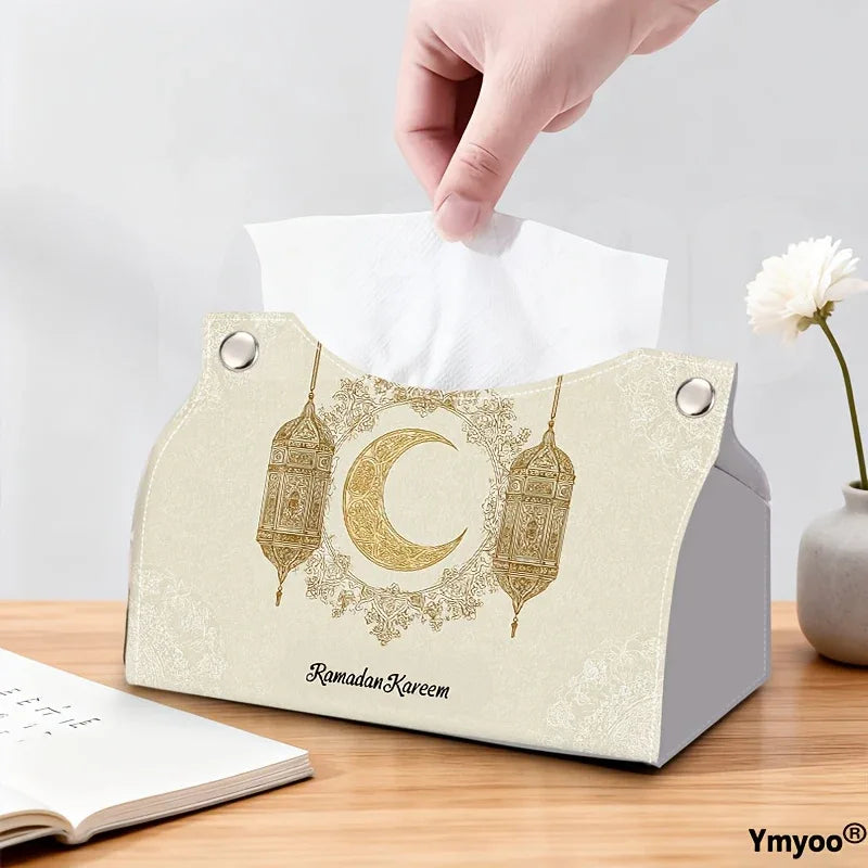Islamic Tissue Box with Golden Crescent Moon & Arabic Ramadan Kareem - alotasawkli
