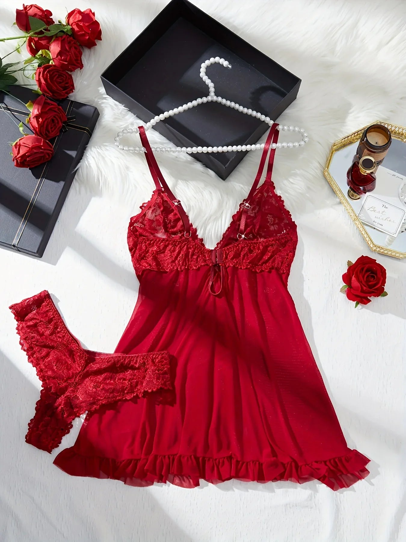 TEMU-Sexy Women'S Sleepwear Set | Solid Color with Contrast Lace Details, Lingerie Collection - alotasawkli