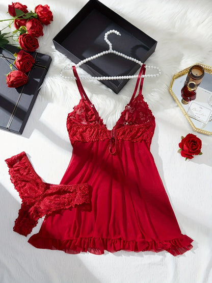 TEMU-Sexy Women'S Sleepwear Set | Solid Color with Contrast Lace Details, Lingerie Collection - alotasawkli