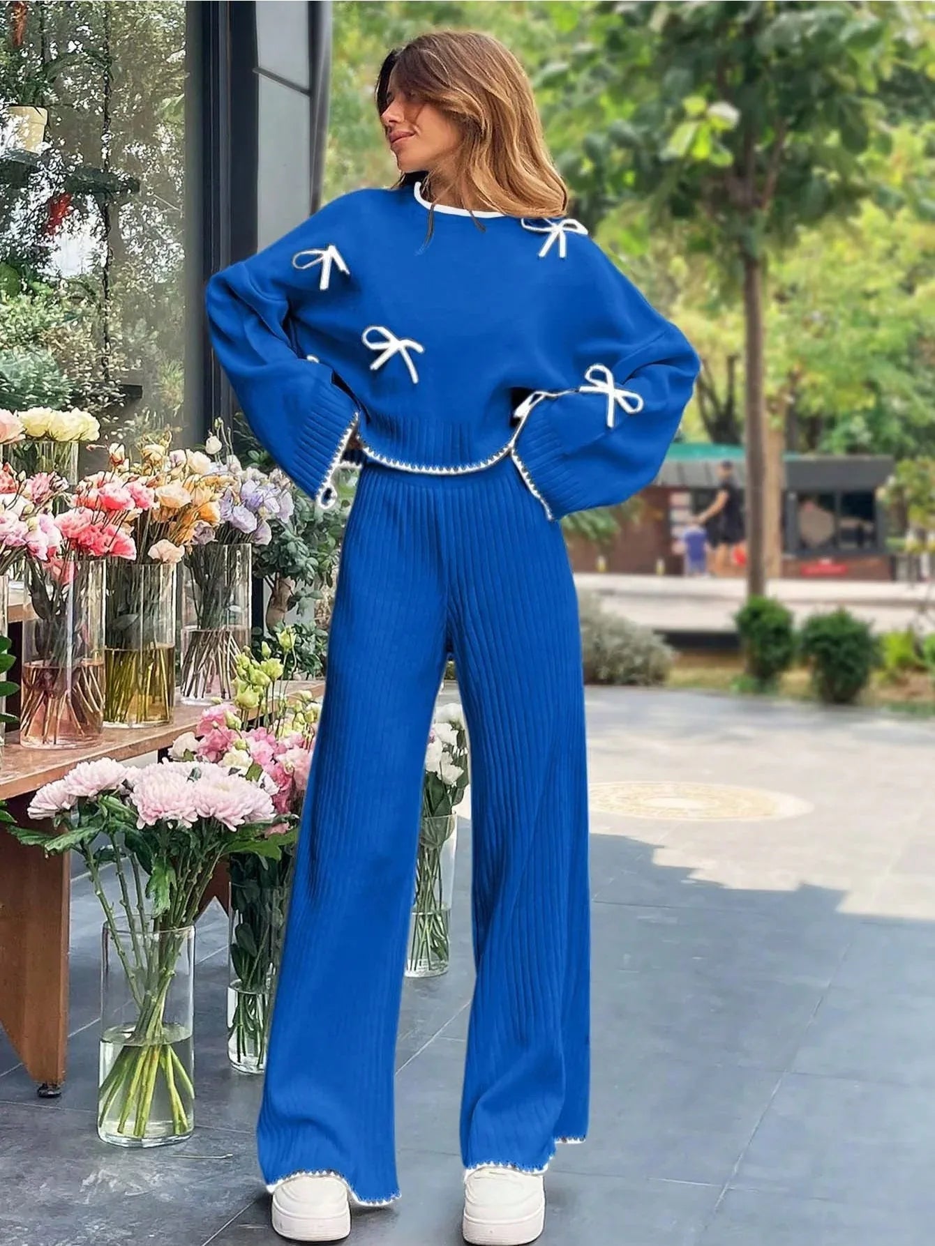A 2pcs Women'S Set Consisting of a Simple Triko Top with Long Sleeves, Round Collar, And Filigree Decoration, And Pants. - alotasawkli