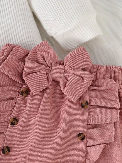 2pcs Set of Autumn and Winter New Love Pit Stripe Long Sleeved Top+corduroy Bow Skirt Set, Fashionable and Simple, Suitable for Birthday Gifts, Daily Wear, Comfortable and Warm, Perfect for Outdoor - alotasawkli