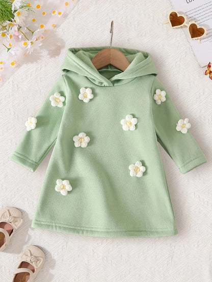 Thickened Winter Casual Dress for Baby Girls with 3D Floral Design, Long Sleeves, And a Hood, Perfect for Little Princesses. - alotasawkli