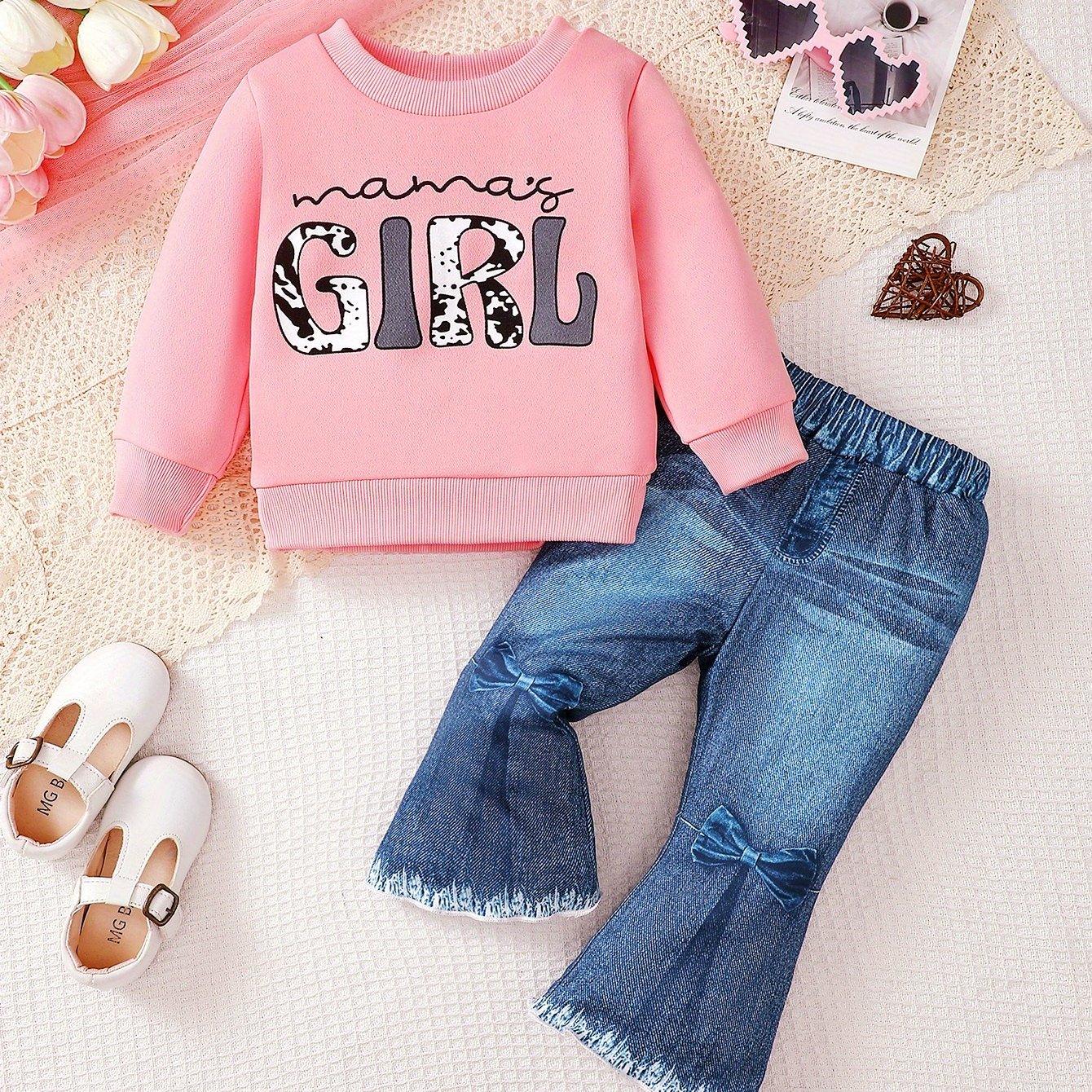 2pcs Baby Girls' Autumn Winter Casual Outfit Set - Letter Print Sweatshirt & Faux Denim Flared Pants, Cozy Warm Clothes for Toddlers, Long Sleeve Crew Neck Pullover with "Mama'S Girl" Design, for Outdoor - alotasawkli