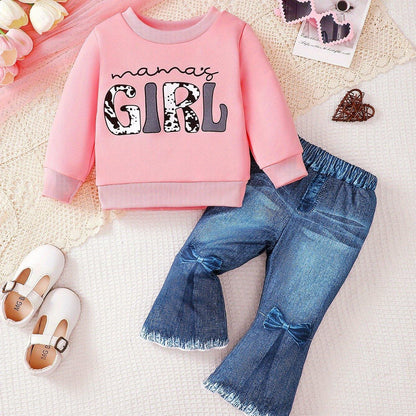 2pcs Baby Girls' Autumn Winter Casual Outfit Set - Letter Print Sweatshirt & Faux Denim Flared Pants, Cozy Warm Clothes for Toddlers, Long Sleeve Crew Neck Pullover with "Mama'S Girl" Design, for Outdoor - alotasawkli