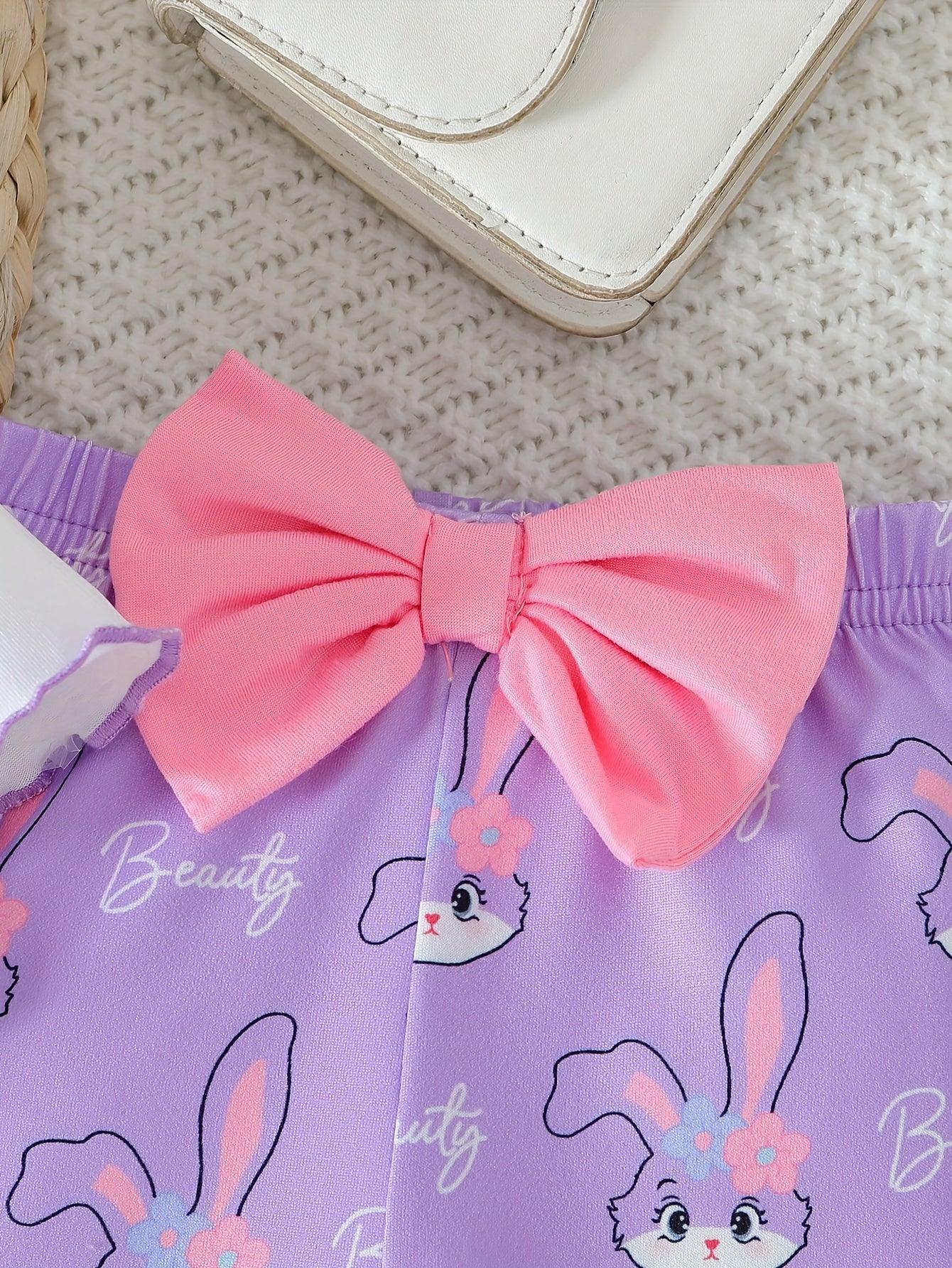 2pcs Cute Little Rabbits Baby Girls' Outfit | Autumn and Winter Small Flying Sleeve T-shirt and Flared Long Pants with Headwear, Suitable for Festival Wear, for Outdoor - alotasawkli