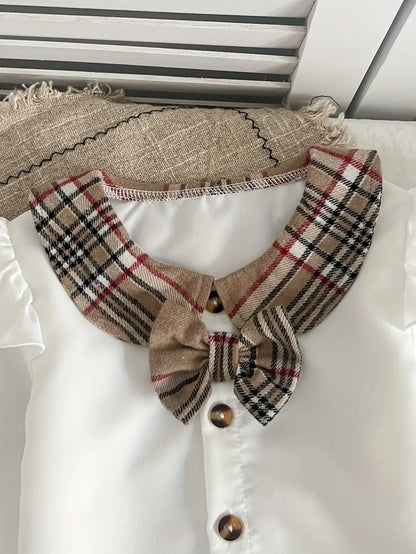 2pcs Autumn and Winter Butterfly Fly Sleeve Ruffle Sleeve Open Top+pleated Plaid Skirt Set, Fashionable and Simple, Suitable for Birthday Gifts, Daily Wear, Perfect for Outdoor - alotasawkli