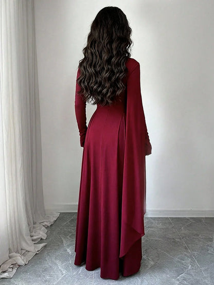 TEMU-Elegant Long Dress with Mesh Panel and Stand Collar - alotasawkli