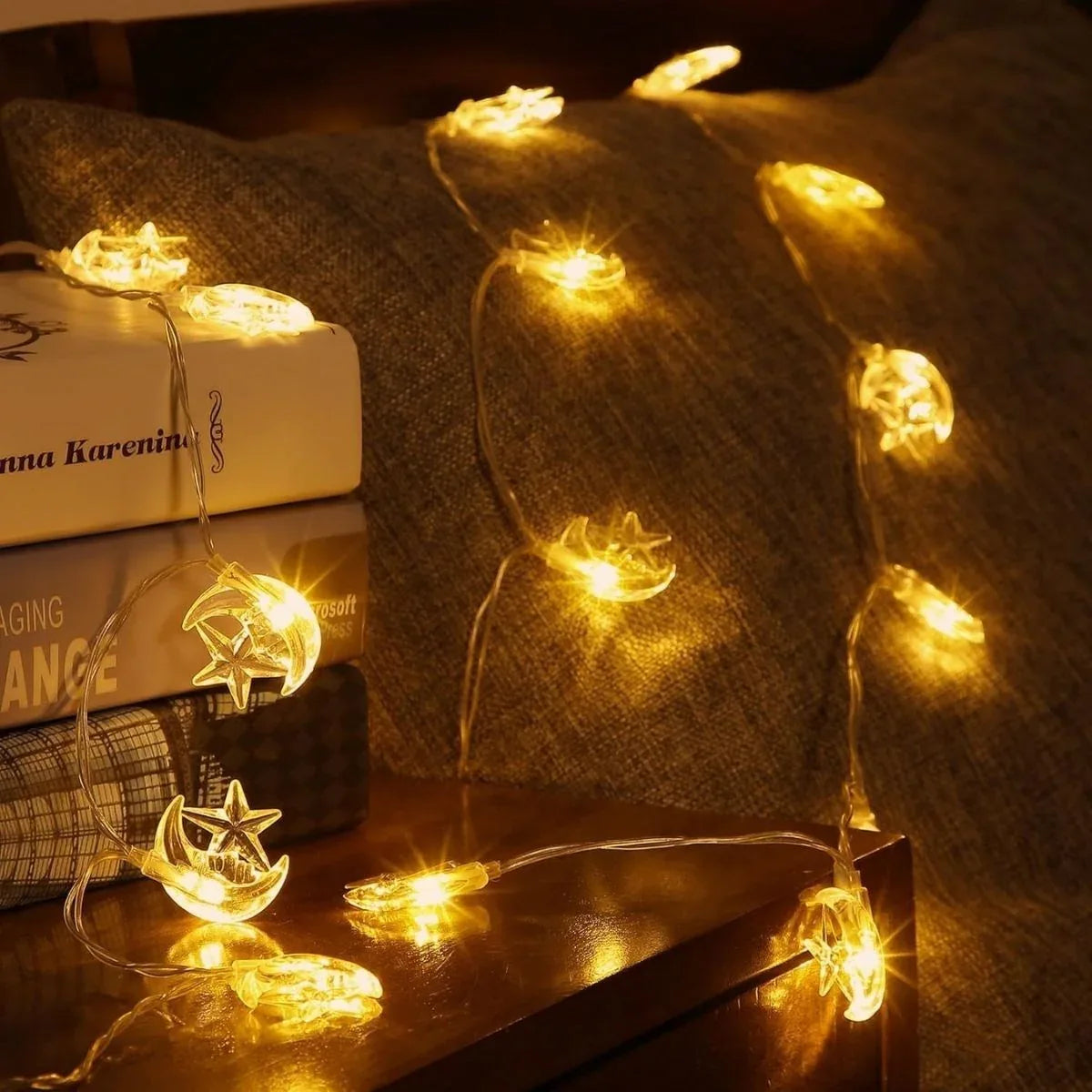 Buffer® مصباح LED USB على شكل هلال ونجمة بطول 3.5 متر – 20 LED لتزيين رمضان وإضاءة جوية - alotasawkli