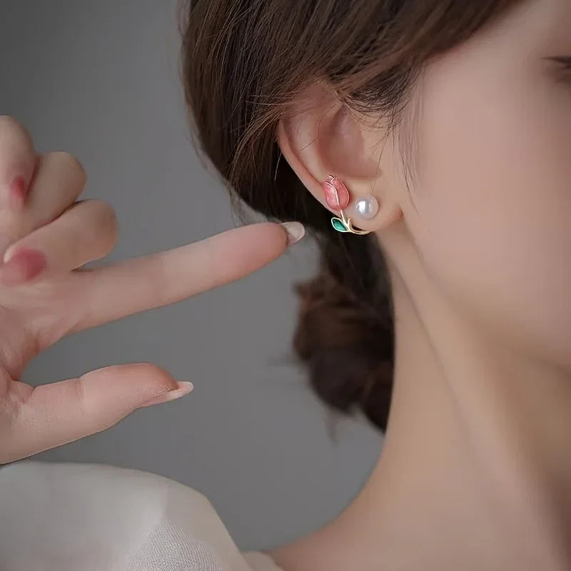 Elegant Boho-Chic Pink Tulip Stud Earrings - alotasawkli