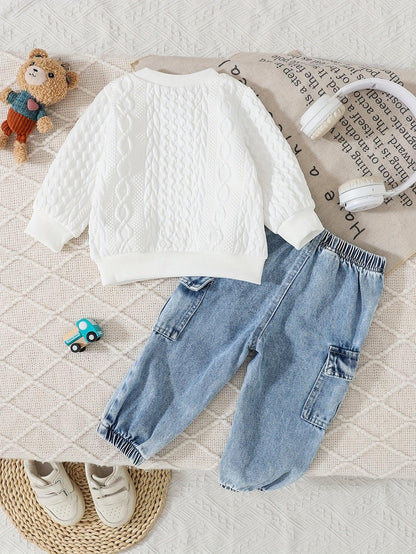 TEMU-2pcs Cute Set: Bear Patch Textured Round Neck - alotasawkli