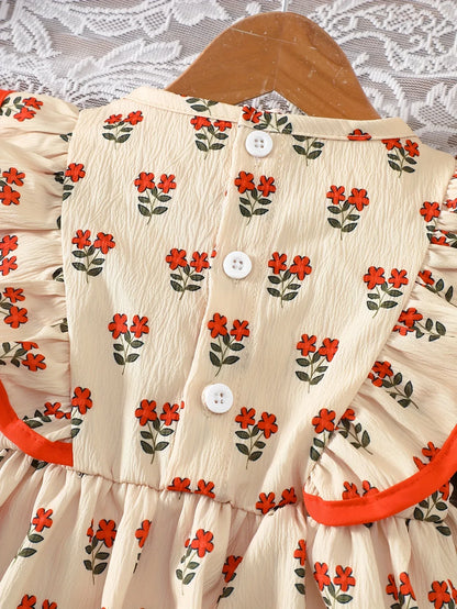 Baby Girl Floral Dress Set | Beige with Red Rose Print, Red Ruffle Trim Bell Sleeves, Cute and Sweet All-season Outfit - alotasawkli