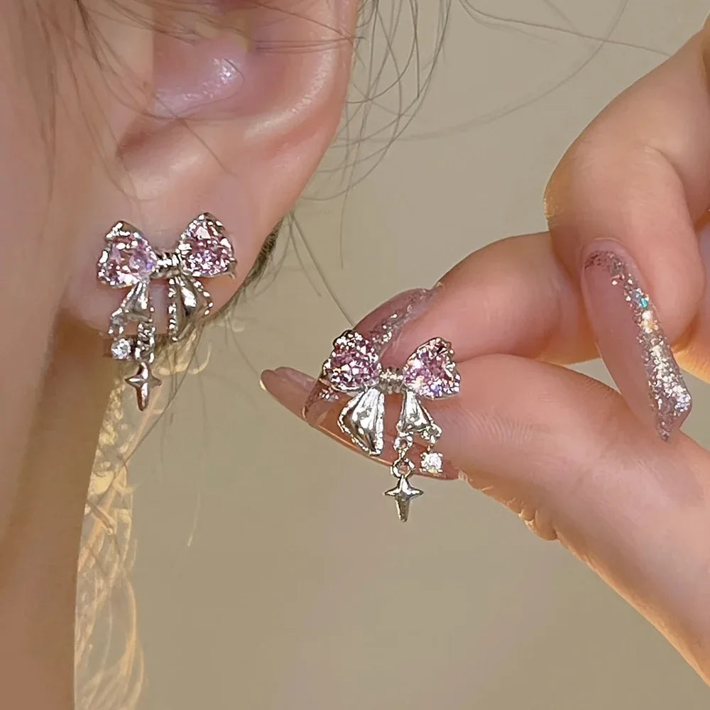 [1 Pair Y2K Bow] Cute Pink 1 Pair Y2K Bow Earrings - alotasawkli