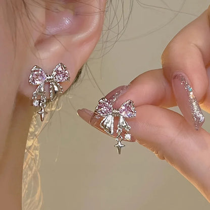 [1 Pair Y2K Bow] Cute Pink 1 Pair Y2K Bow Earrings - alotasawkli