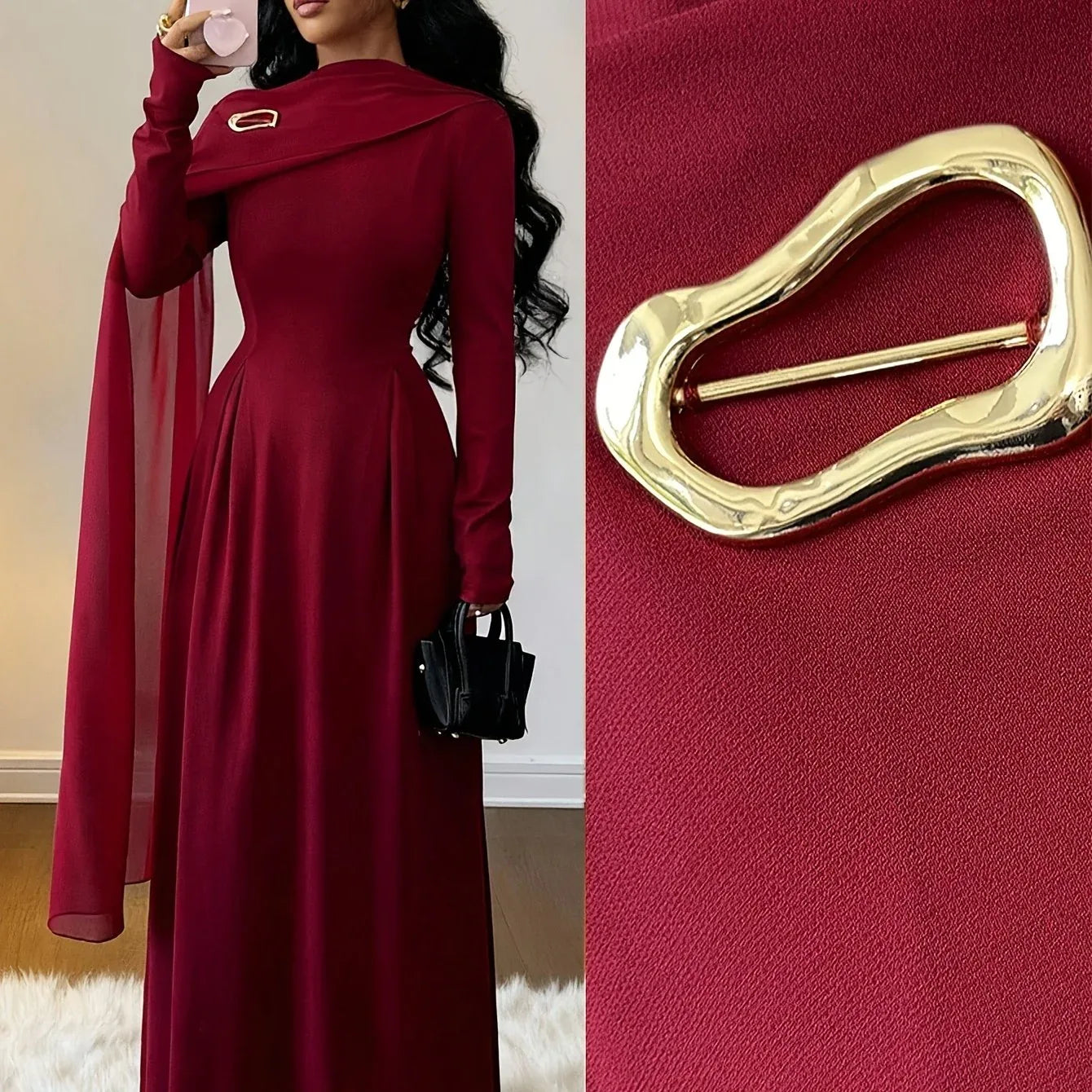 TEMU-Elegant Long Dress with Mesh Panel and Stand Collar - alotasawkli