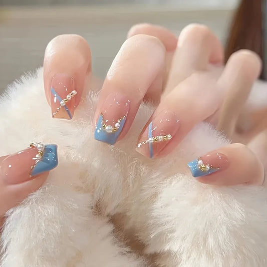 TEMU-24pcs of Glossy Short Square Fake Nails with a Blue Gradient - alotasawkli