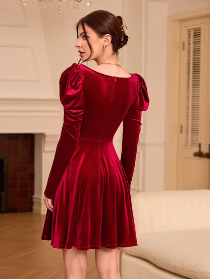 TEMU-French-Style Burgundy Winter Dress - alotasawkli