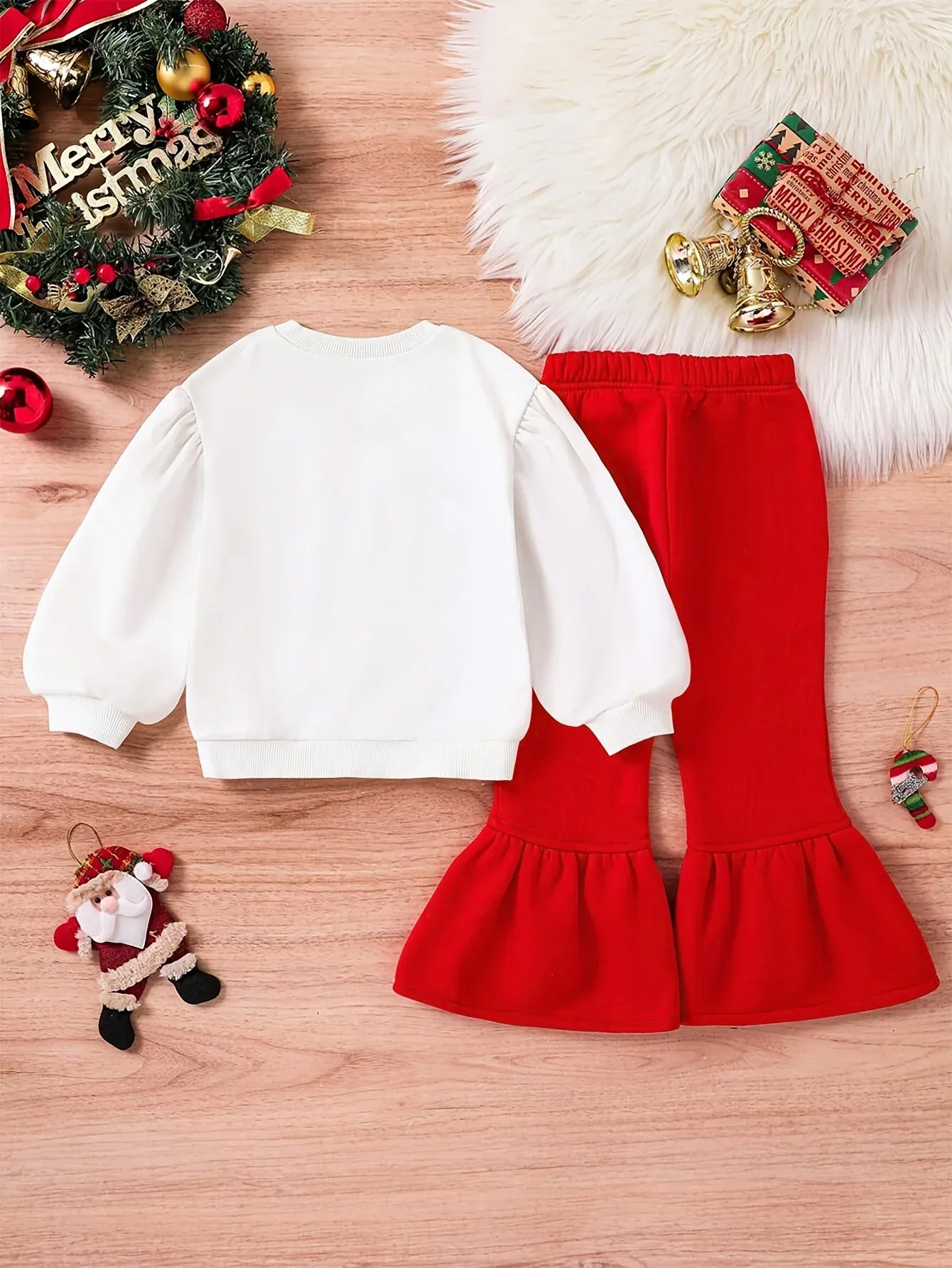 Cute Cartoon Santa Claus Pattern White Long-Sleeve Sweatshirt with Round Neck And Red Flared Pants Two-Piece Set for Baby Girls, Perfect for Autumn And Winter Outings During Christmas, for Outdoor - alotasawkli