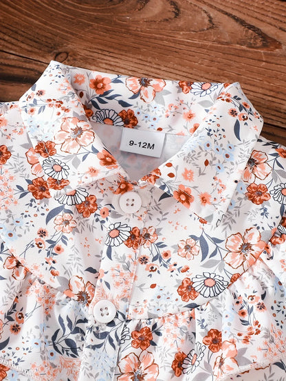 A Cute Outfit for Girls Featuring a Long-Sleeve Top with a Floral Print, Button- Collar, And Ruffled Design, Perfect for Spring And Autumn, Paired with a Khaki Bow Short Skirt, for Outdoor - alotasawkli