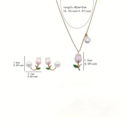 2pcs Sweet Chic Pink Tulip Wedding Season Versatile Earrings Necklace Set - alotasawkli