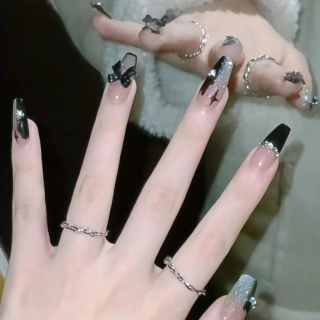 TEMU-24pcs Rhinestone-Adorned Black French Ballet Nails - alotasawkli