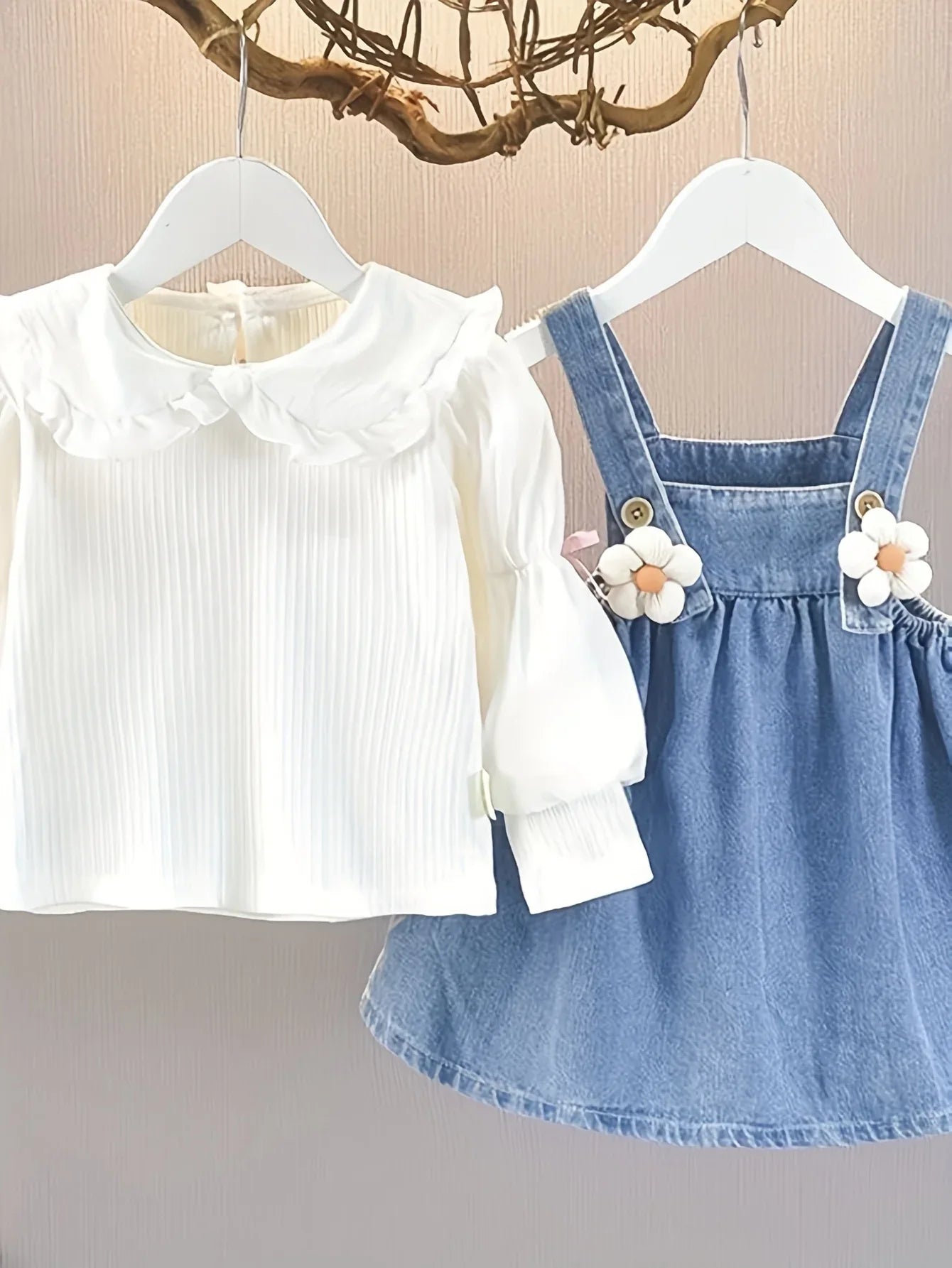 TEMU-Girls' Set: Floral Suspender Denim Skirt + Long-Sleeve - alotasawkli