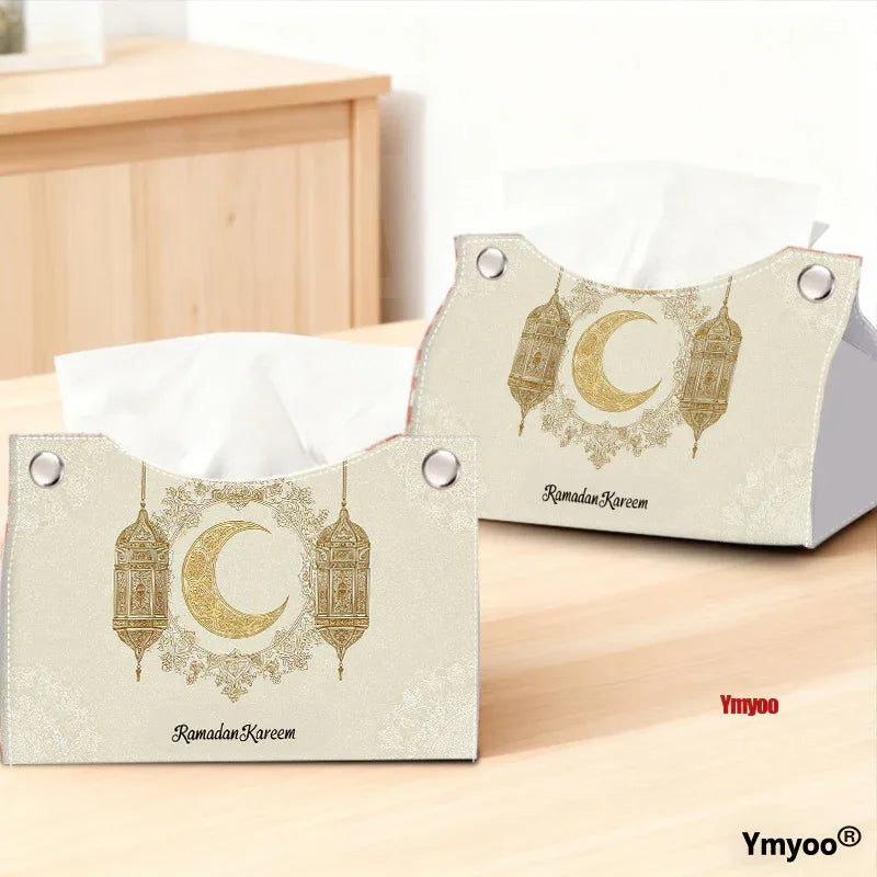 Islamic Tissue Box with Golden Crescent Moon & Arabic Ramadan Kareem - alotasawkli