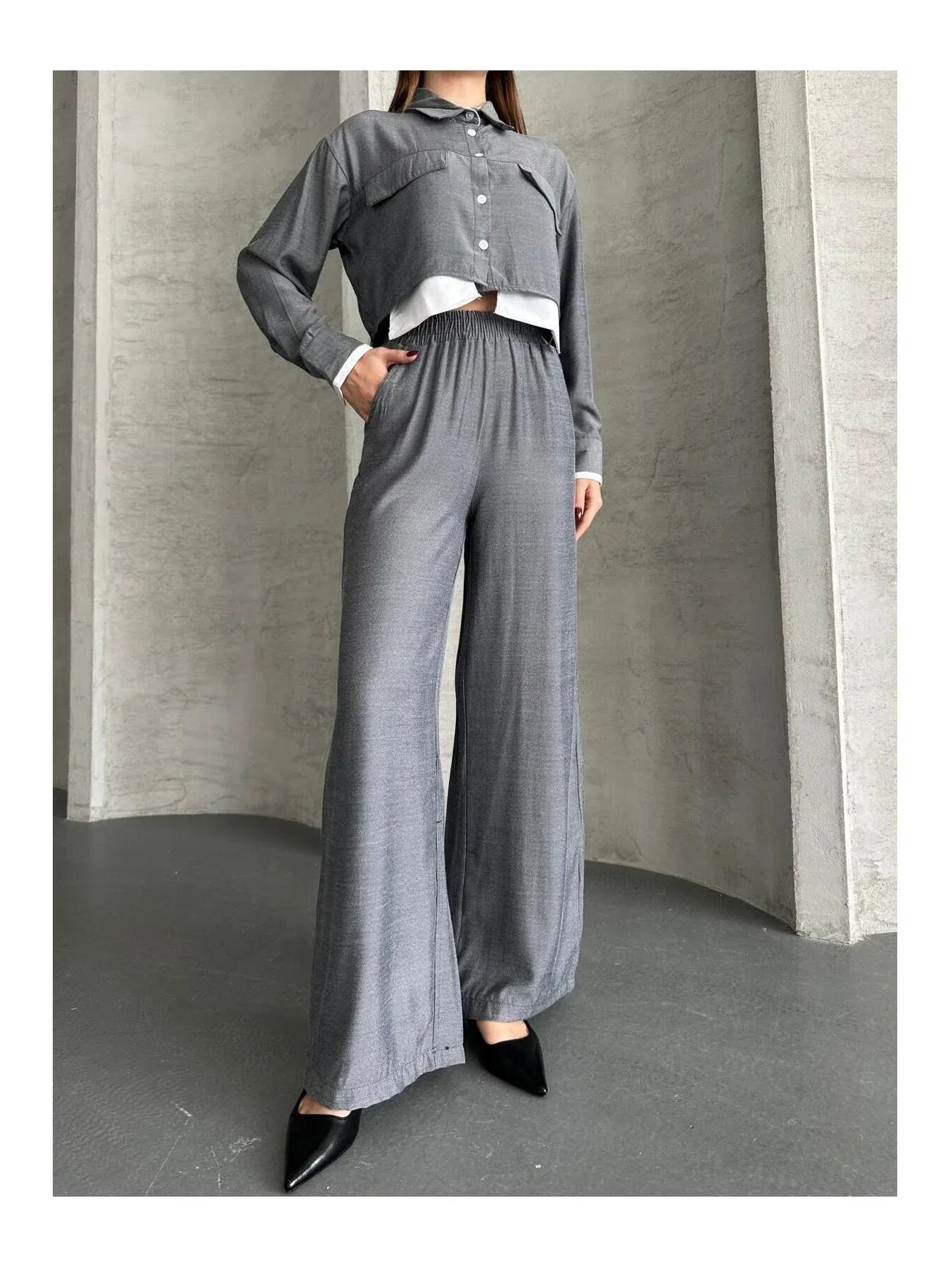 مجموعة قميص كروب واسع الأرجل للنساء من VOLT CLOTHING مع تفاصيل جيب - alotasawkli