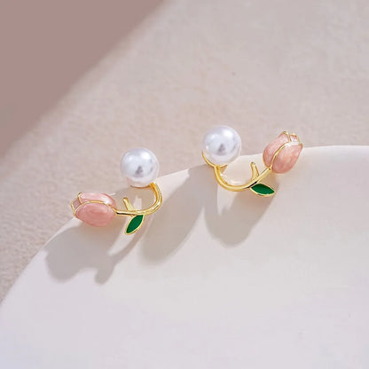 2pcs Sweet Chic Pink Tulip Wedding Season Versatile Earrings Necklace Set - alotasawkli