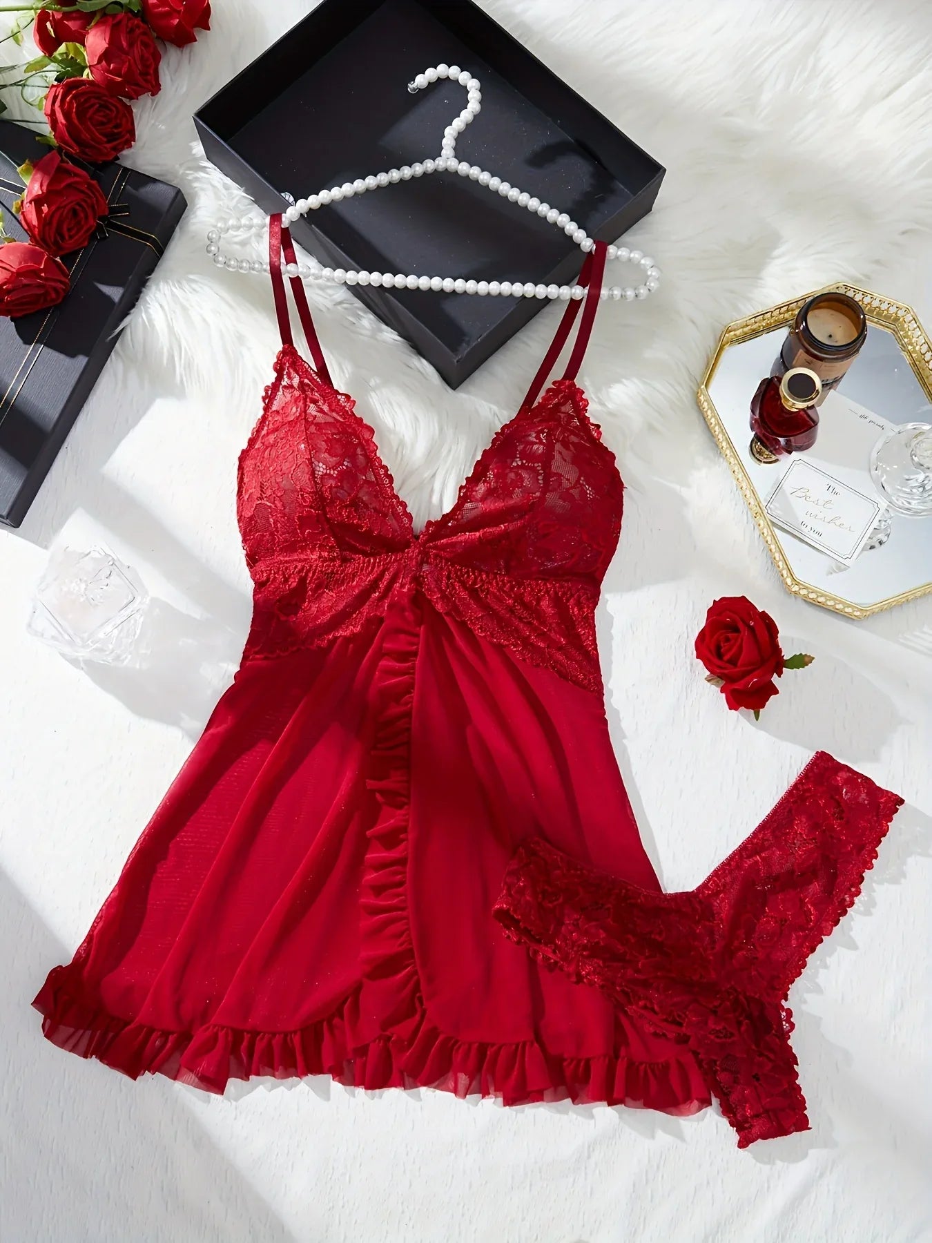 TEMU-Sexy Women'S Sleepwear Set | Solid Color with Contrast Lace Details, Lingerie Collection - alotasawkli