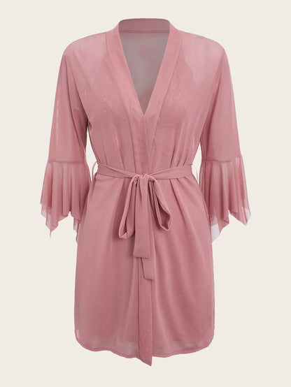 Two-Piece Solid Color Pajama Set with Mesh & Lace Contrast - alotasawkli