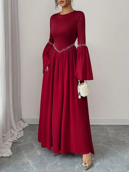 TEMU-Women'S Elegant Long Sleeve A-Line Maxi Dress with Round Neck - alotasawkli