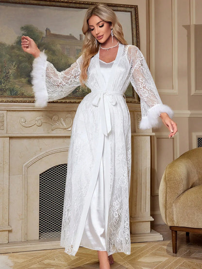 Elegant Two-Piece Satin & Lace Loungewear Set - alotasawkli